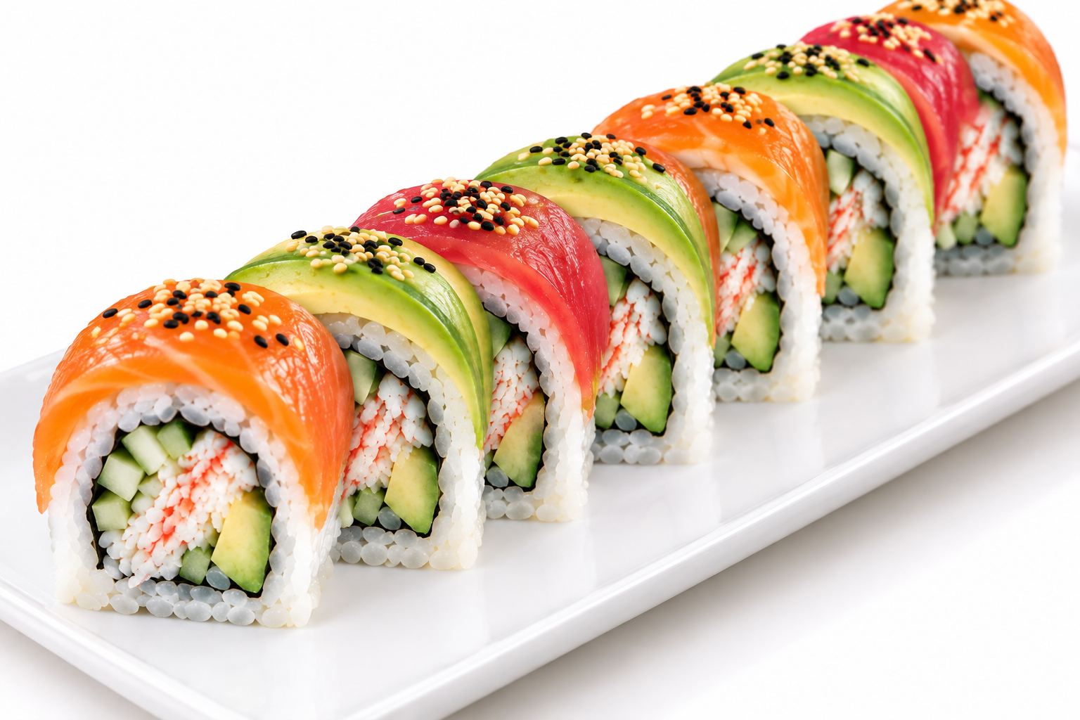 Rainbow roll (salmon+tuna+avocado)
